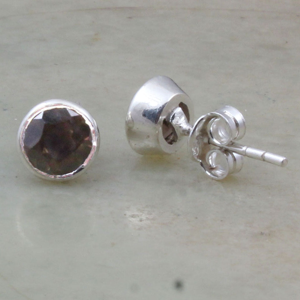 Smoky Quartz Stud Earring Bezel Round Cut Gemstone Stud Earrings