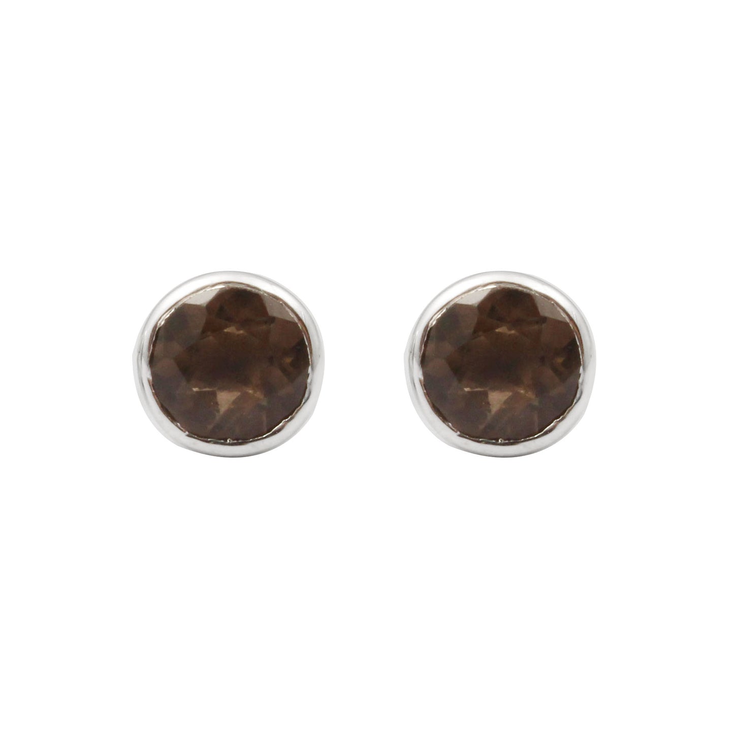 Smoky Quartz Stud Earring Bezel Round Cut Gemstone Stud Earrings