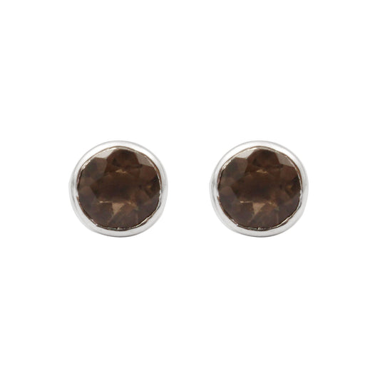 Smoky Quartz Stud Earring Bezel Round Cut Gemstone Stud Earrings
