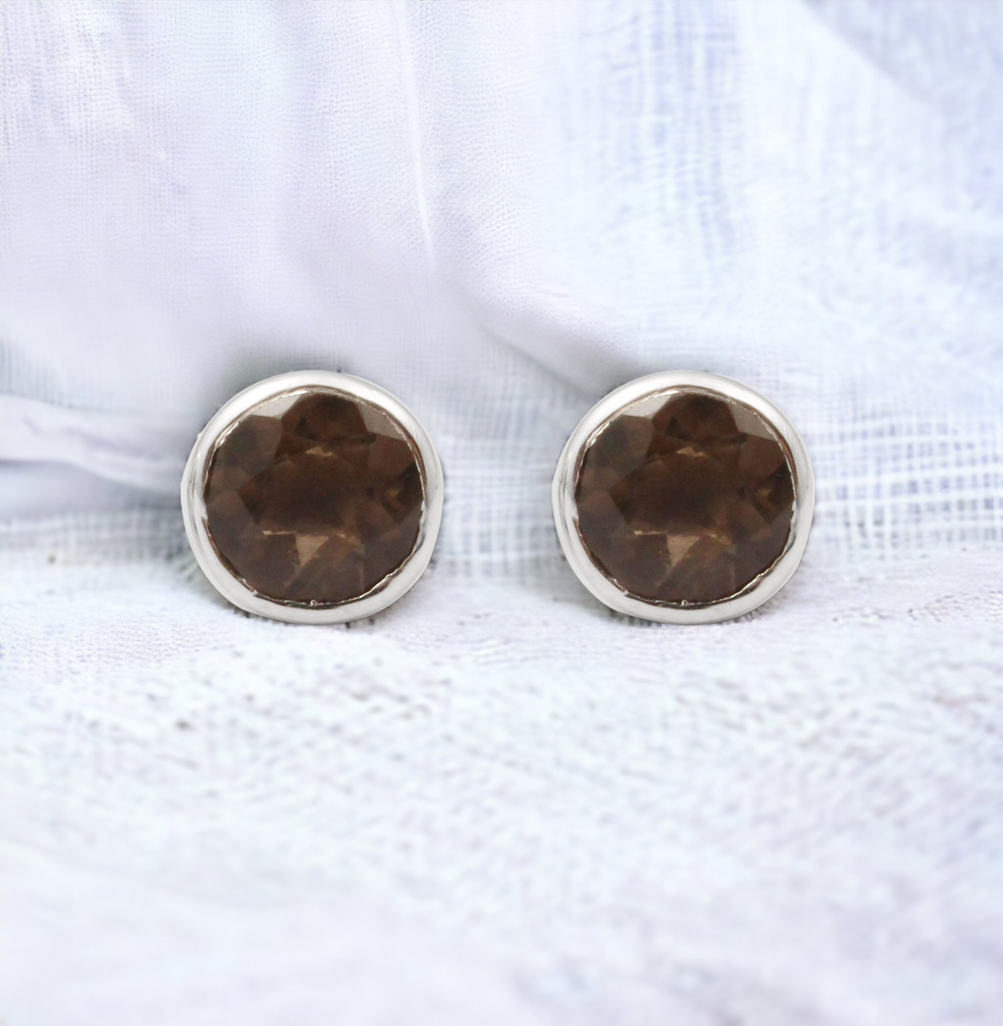 Smoky Quartz Stud Earring Bezel Round Cut Gemstone Stud Earrings