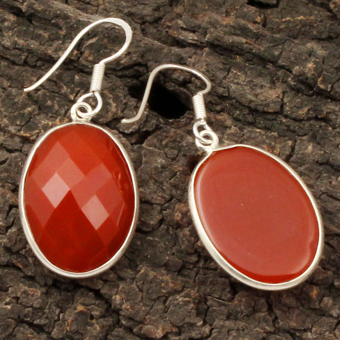 Bezel Red Onyx Earrings Oval Shape Faceted 925 Sterling Silver Dangle Earrings