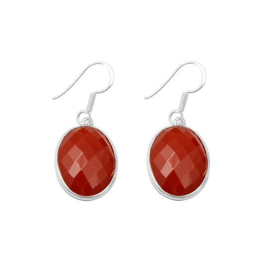Bezel Red Onyx Earrings Oval Shape Faceted 925 Sterling Silver Dangle Earrings