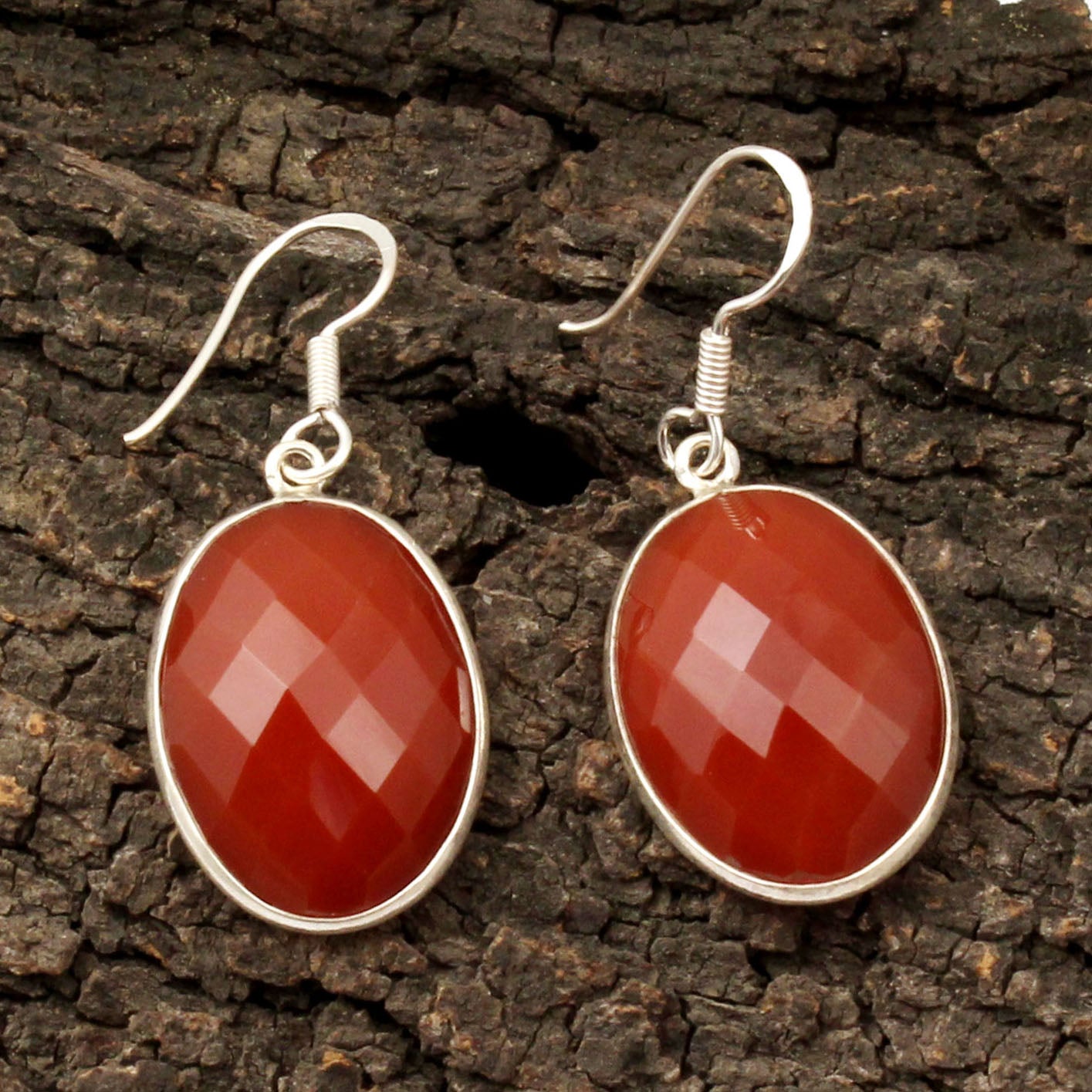 Bezel Red Onyx Earrings Oval Shape Faceted 925 Sterling Silver Dangle Earrings