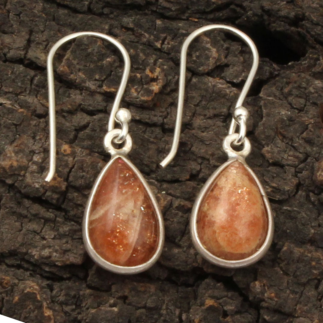 Natural Sunstone Dangle Earrings in 925 Sterling Silver Handmade Gemstone Bezel Set Earrings