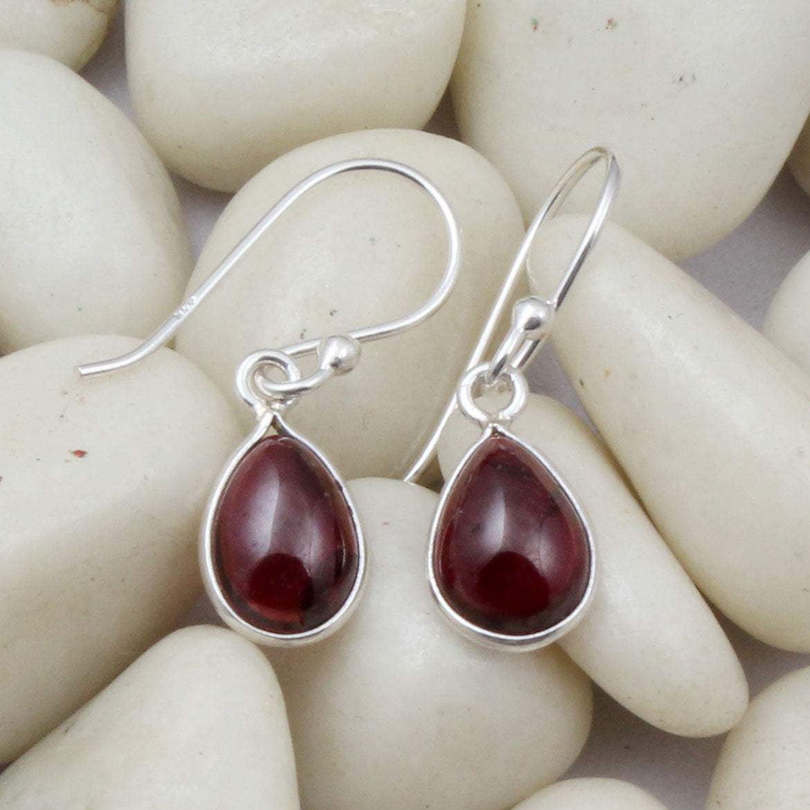 925 Sterling Silver Red Garnet Gemstone Handmade Bezel Earrings