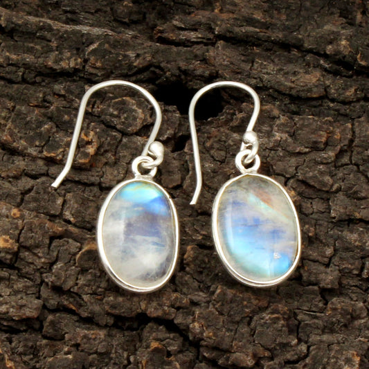 Rainbow Moonstone Oval Shape Earrings with 925 Sterling Silver Bezel Setting Earrings