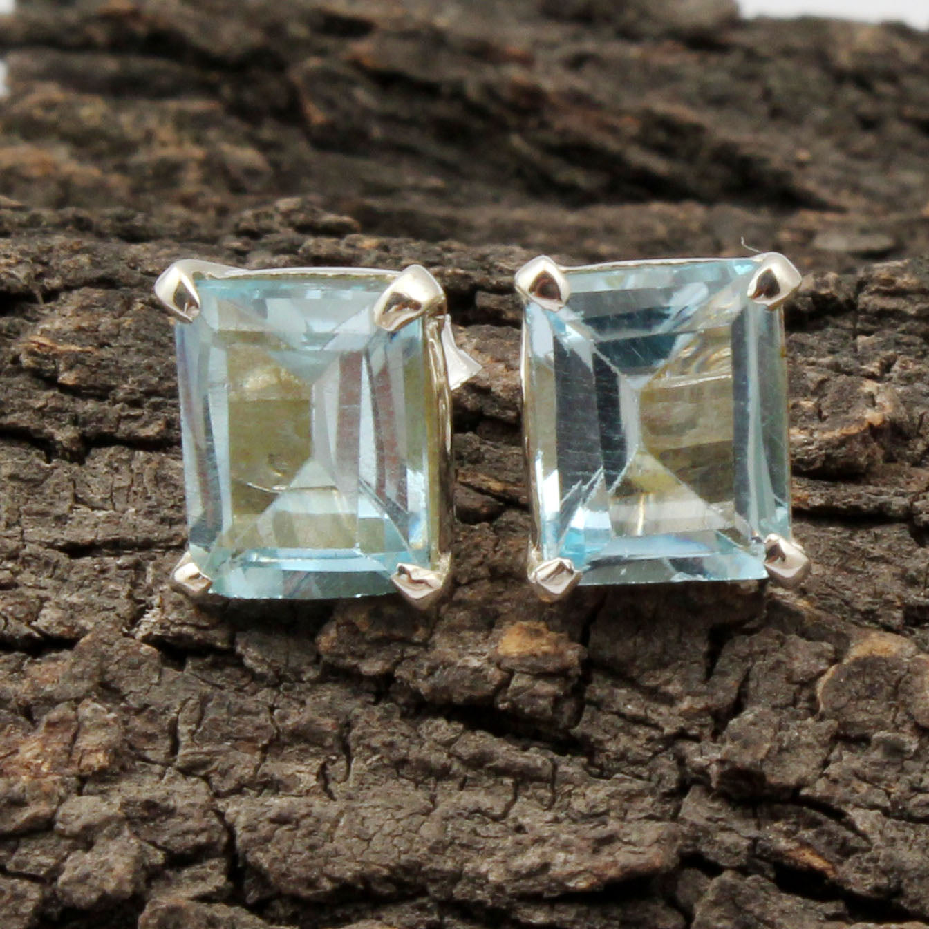 Faceted Blue Topaz Stud Earrings Handmade Prong Setting 925 Sterling Silver Earrings