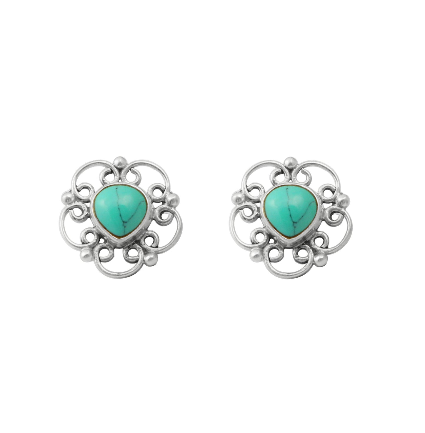 Turquoise Stud Floral 925 Sterling Silver Handmade Earrings Jewelry