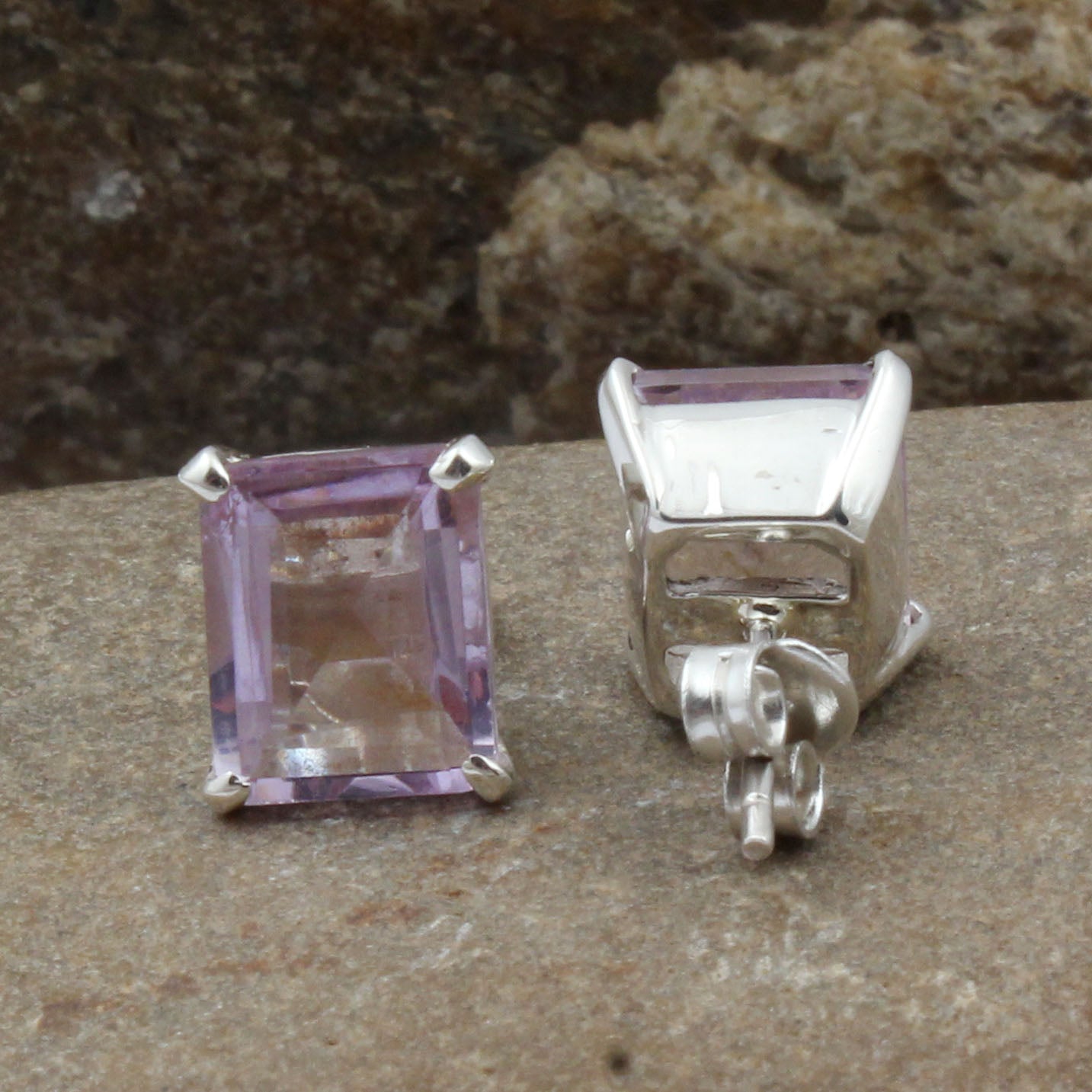 Natural Amethyst Stud Handmade Prong Setting 925 Sterling Silver Earrings