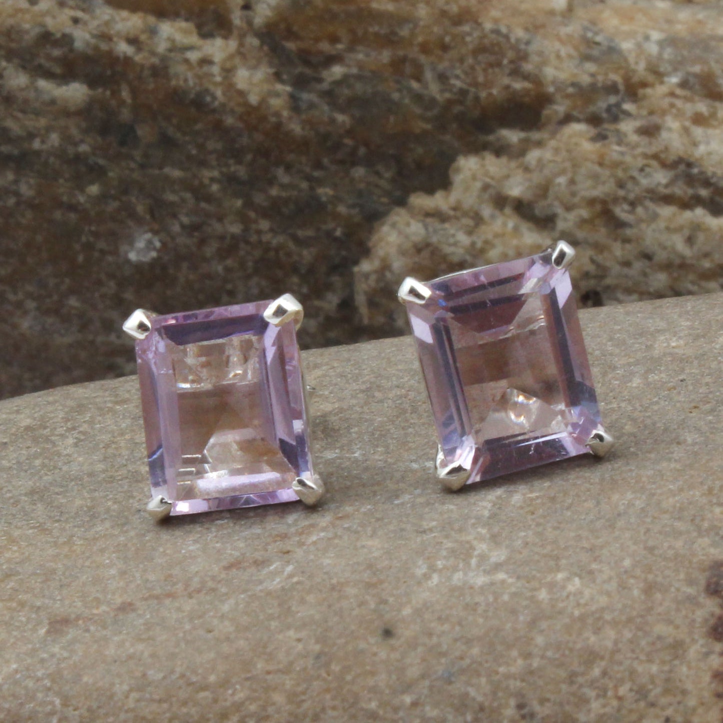 Natural Amethyst Stud Handmade Prong Setting 925 Sterling Silver Earrings