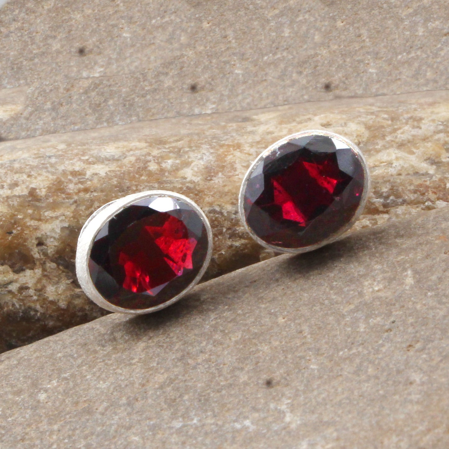 Red Garnet Stud Earrings Handmade Matte Finish 925 Sterling Silver Jewelry