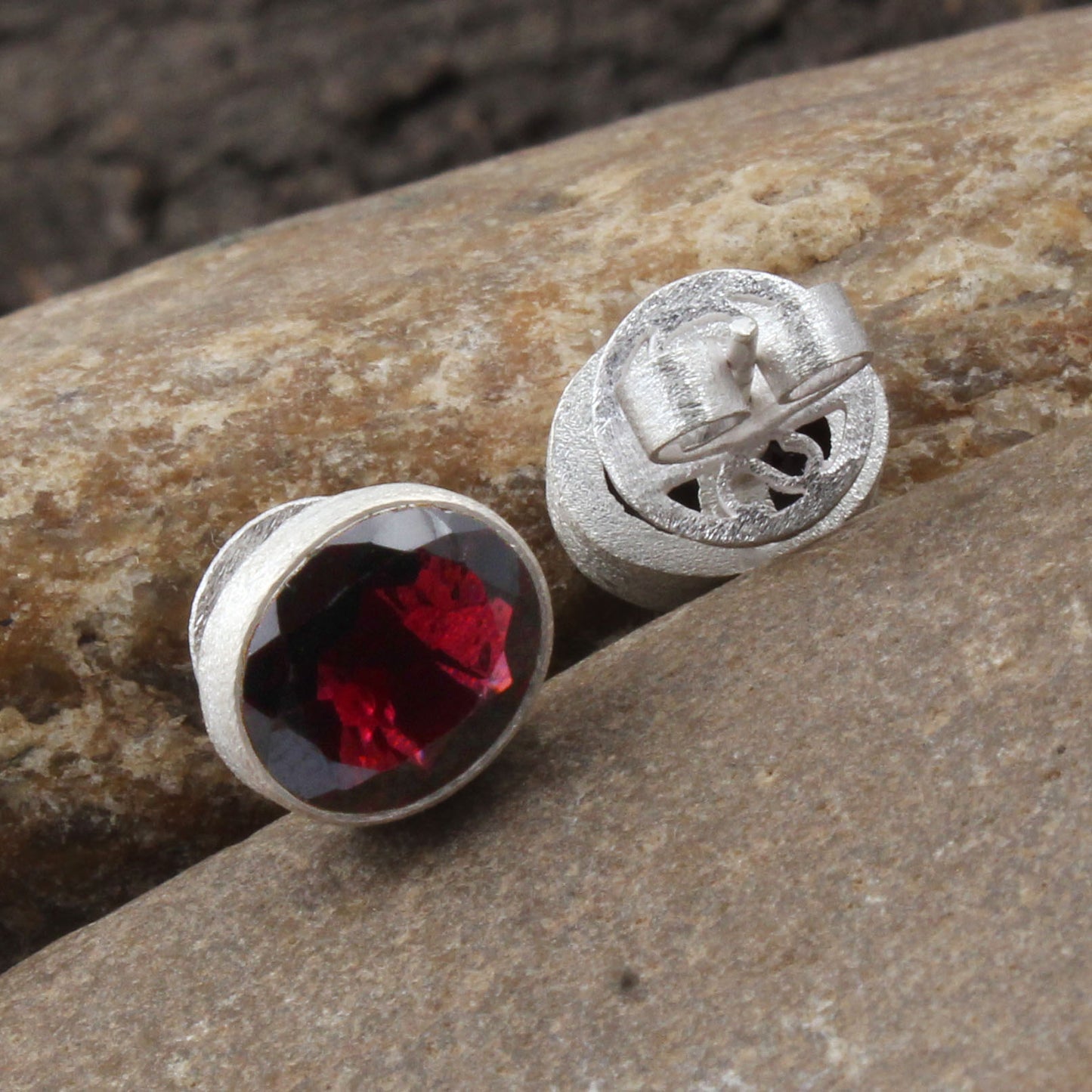 Red Garnet Stud Earrings Handmade Matte Finish 925 Sterling Silver Jewelry