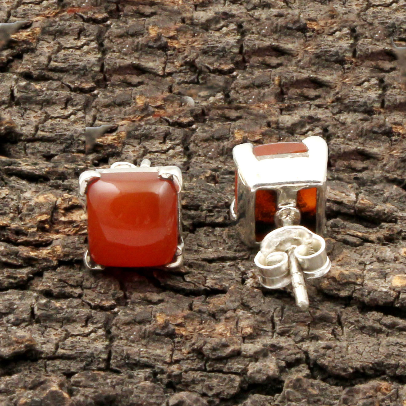 Natural Carnelian Gemstone Stud Handmade Prong Setting 925 Sterling Silver Earrings