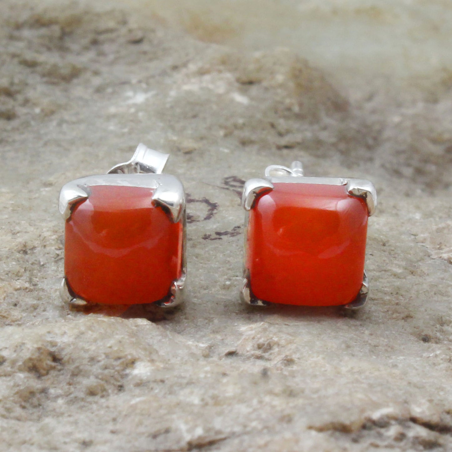 Natural Carnelian Gemstone Stud Handmade Prong Setting 925 Sterling Silver Earrings