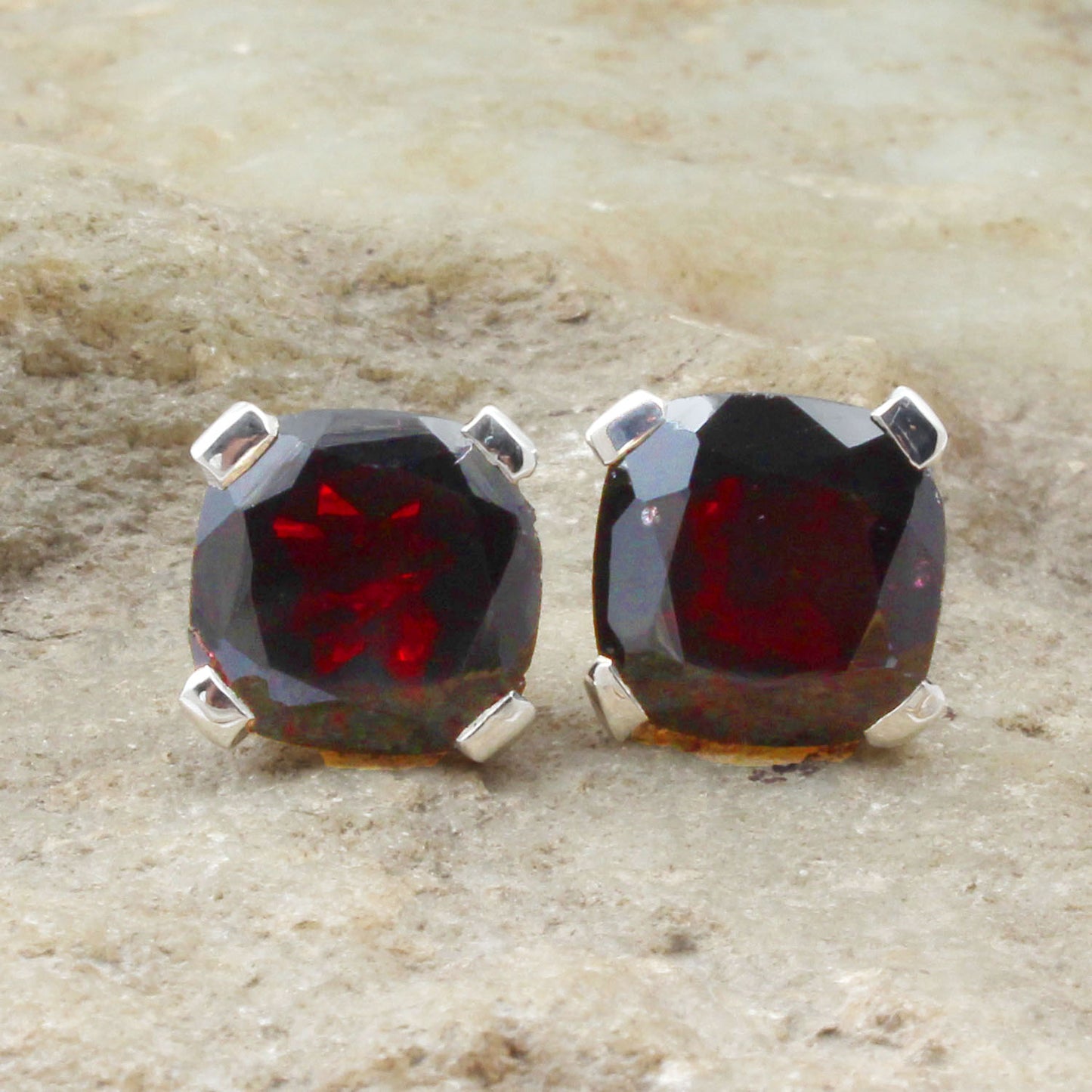 Red Garnet Stud Handmade Prong Setting 925 Sterling Silver Earrings