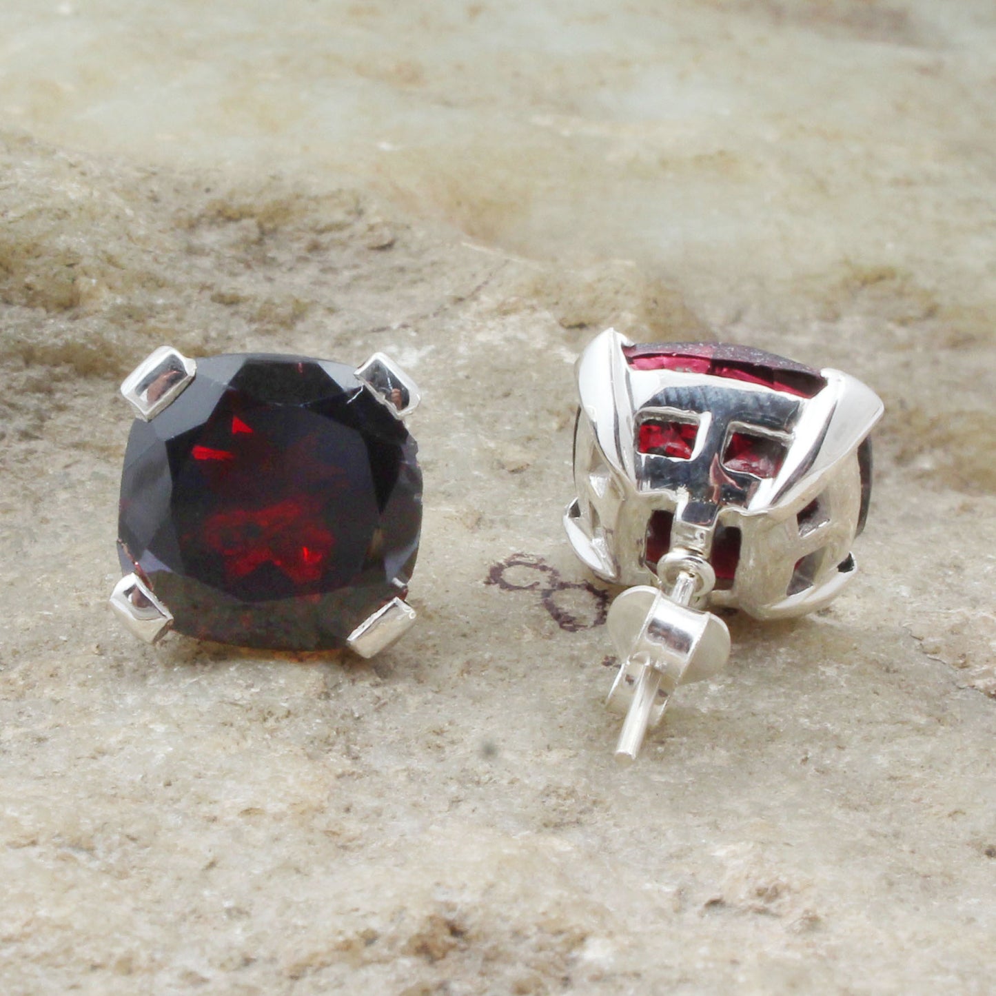 Red Garnet Stud Handmade Prong Setting 925 Sterling Silver Earrings
