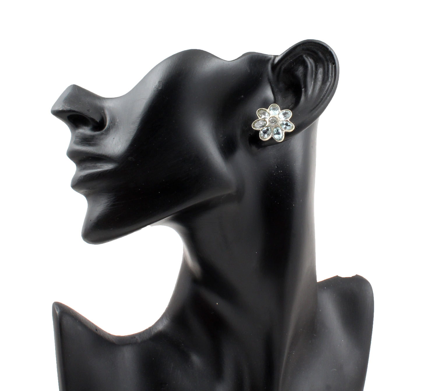 Multi Blue Topaz Floral Stud Earrings in 925 Sterling Silver Handmade Jewelry