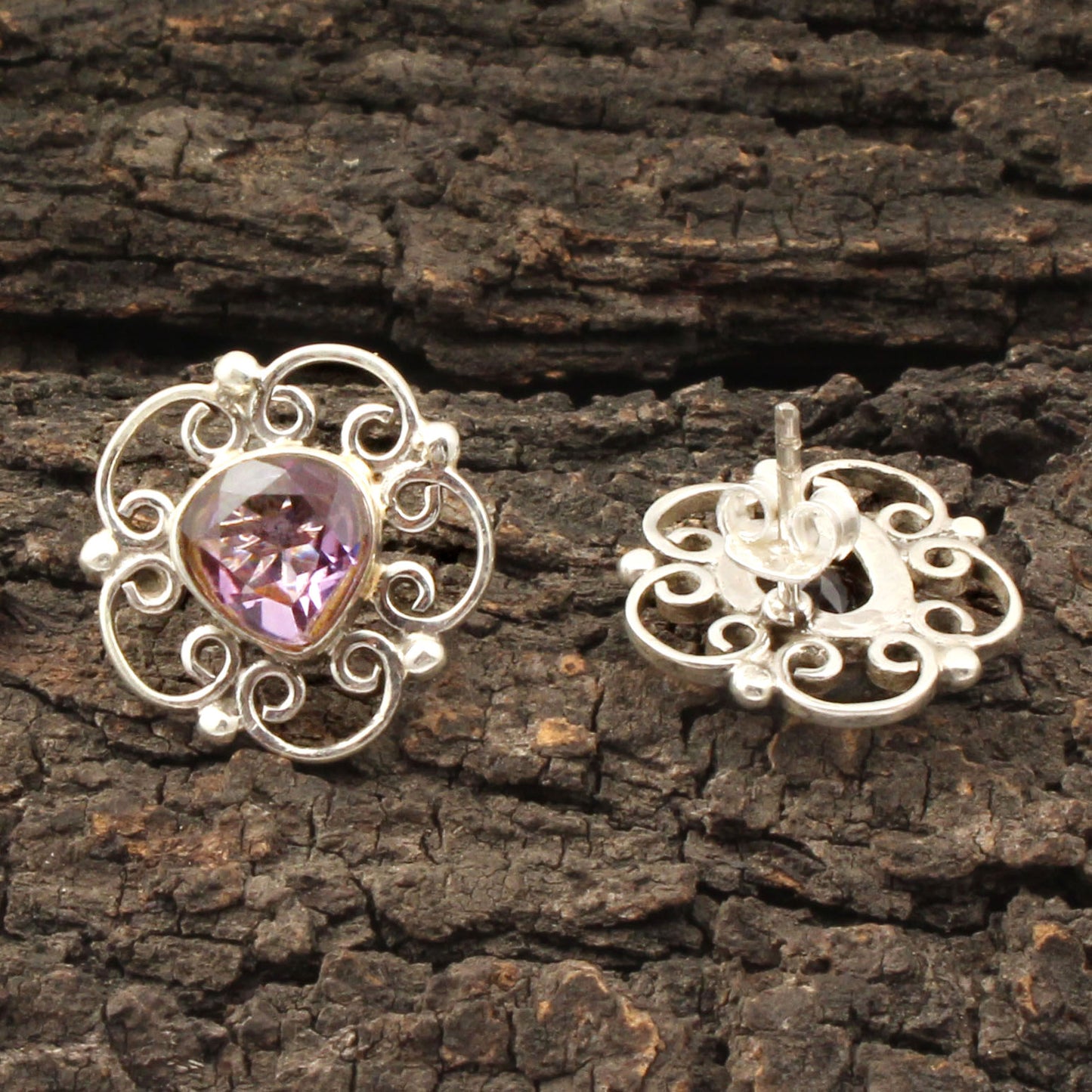 Heart Amethyst Floral Stud Handmade 925 Sterling Silver Earrings Jewelry