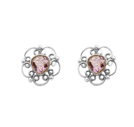 Heart Amethyst Floral Stud Handmade 925 Sterling Silver Earrings Jewelry