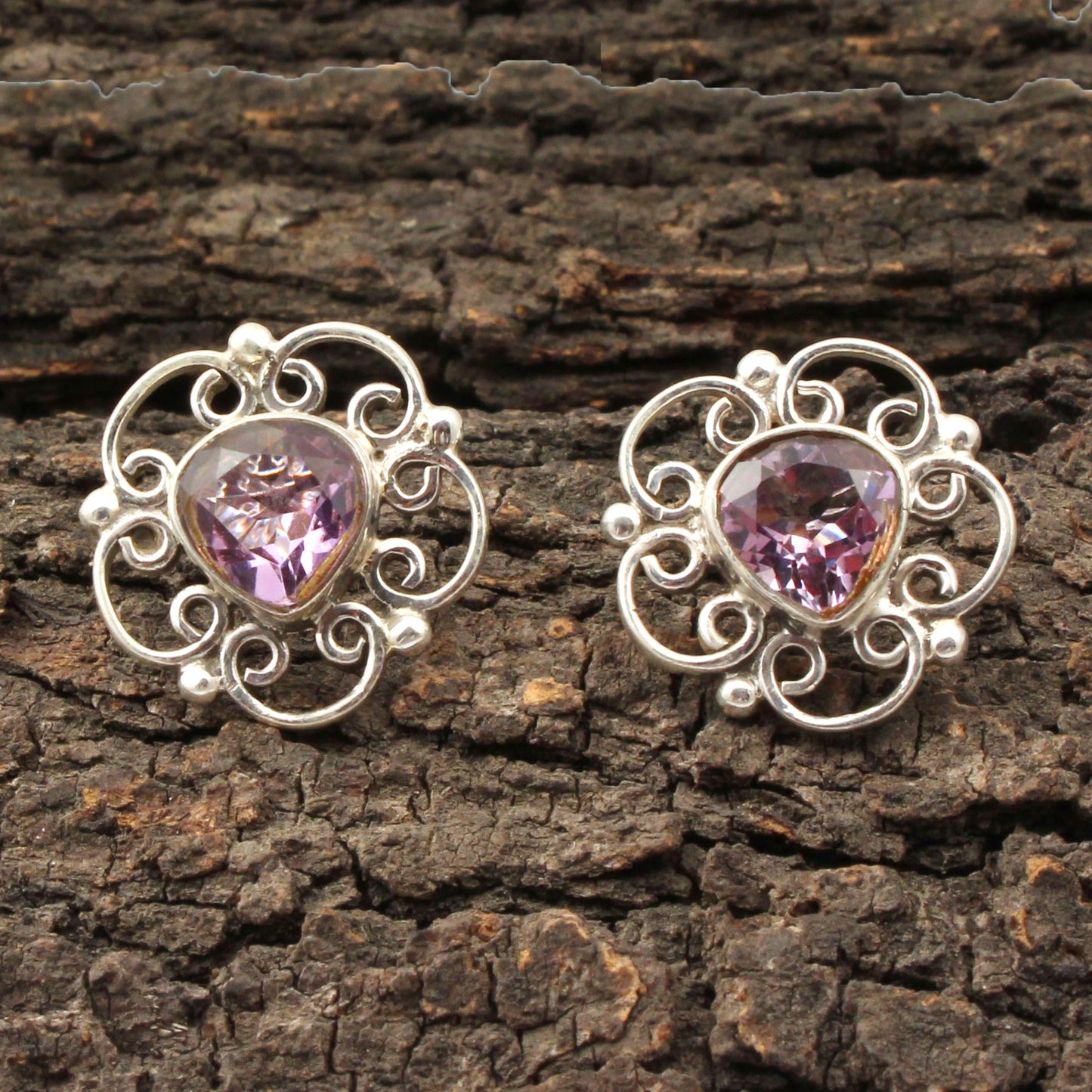 Heart Amethyst Floral Stud Handmade 925 Sterling Silver Earrings Jewelry