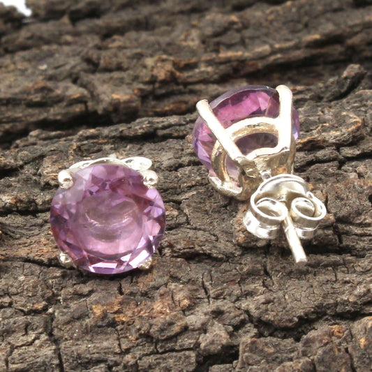 Amethyst Stud Prong Setting Earrings in 925 Sterling Silver Handmade Faceted Gemstone Jewelry