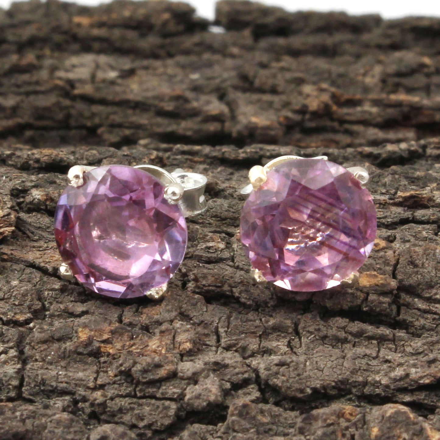Amethyst Stud Prong Setting Earrings in 925 Sterling Silver Handmade Faceted Gemstone Jewelry