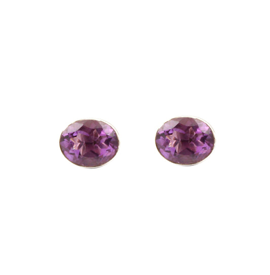 Oval Amethyst Stud Handmade 925 Sterling Silver Faceted Gemstone Earrings