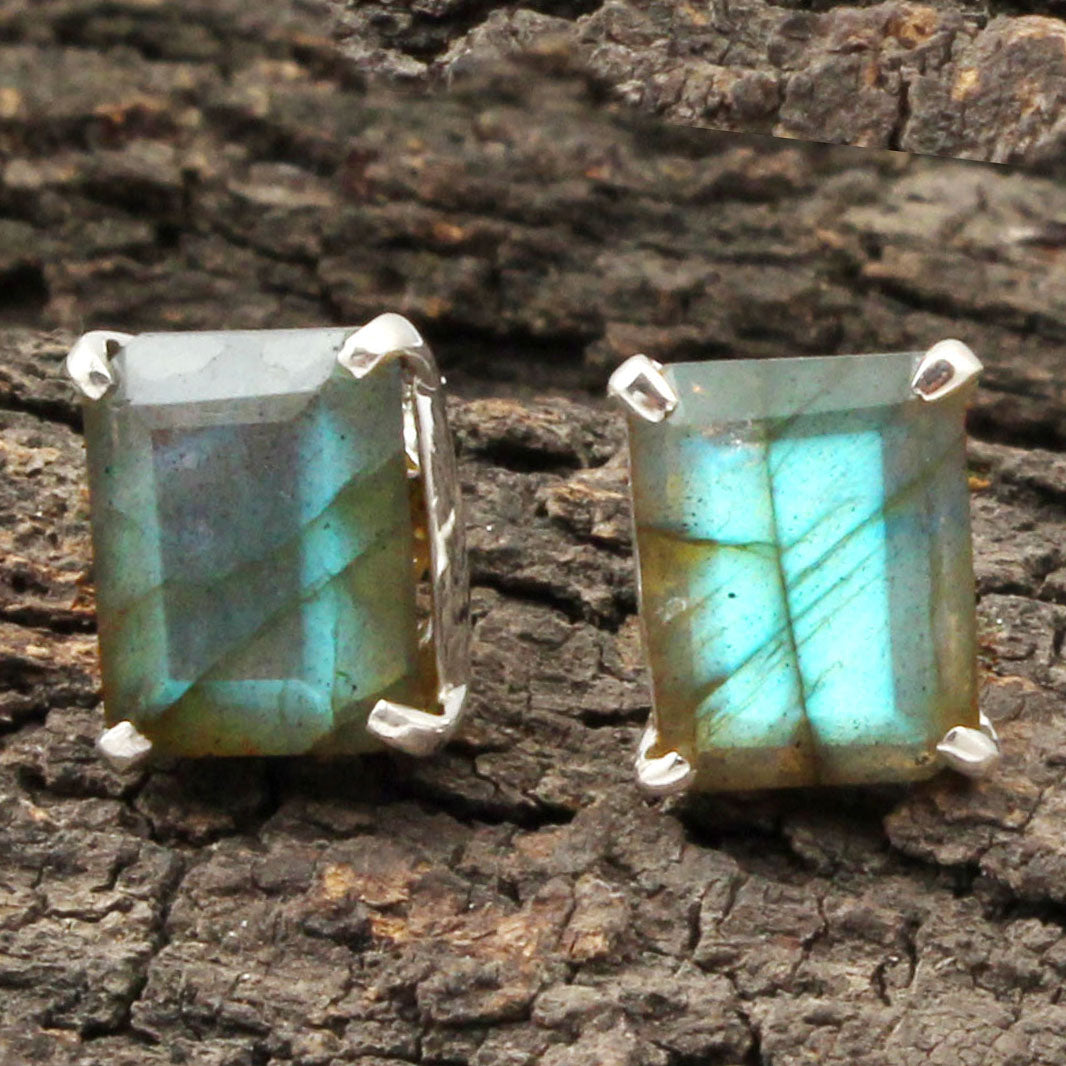 Labradorite Stud Handmade Prong Setting 925 Sterling Silver Earrings Jewelry