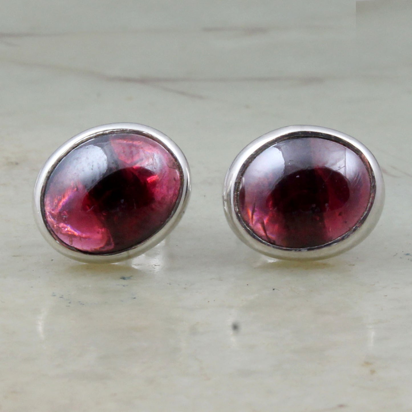 Natural Red Garnet Cabochon Handmade 925 Sterling Silver Bezel Set Earrings