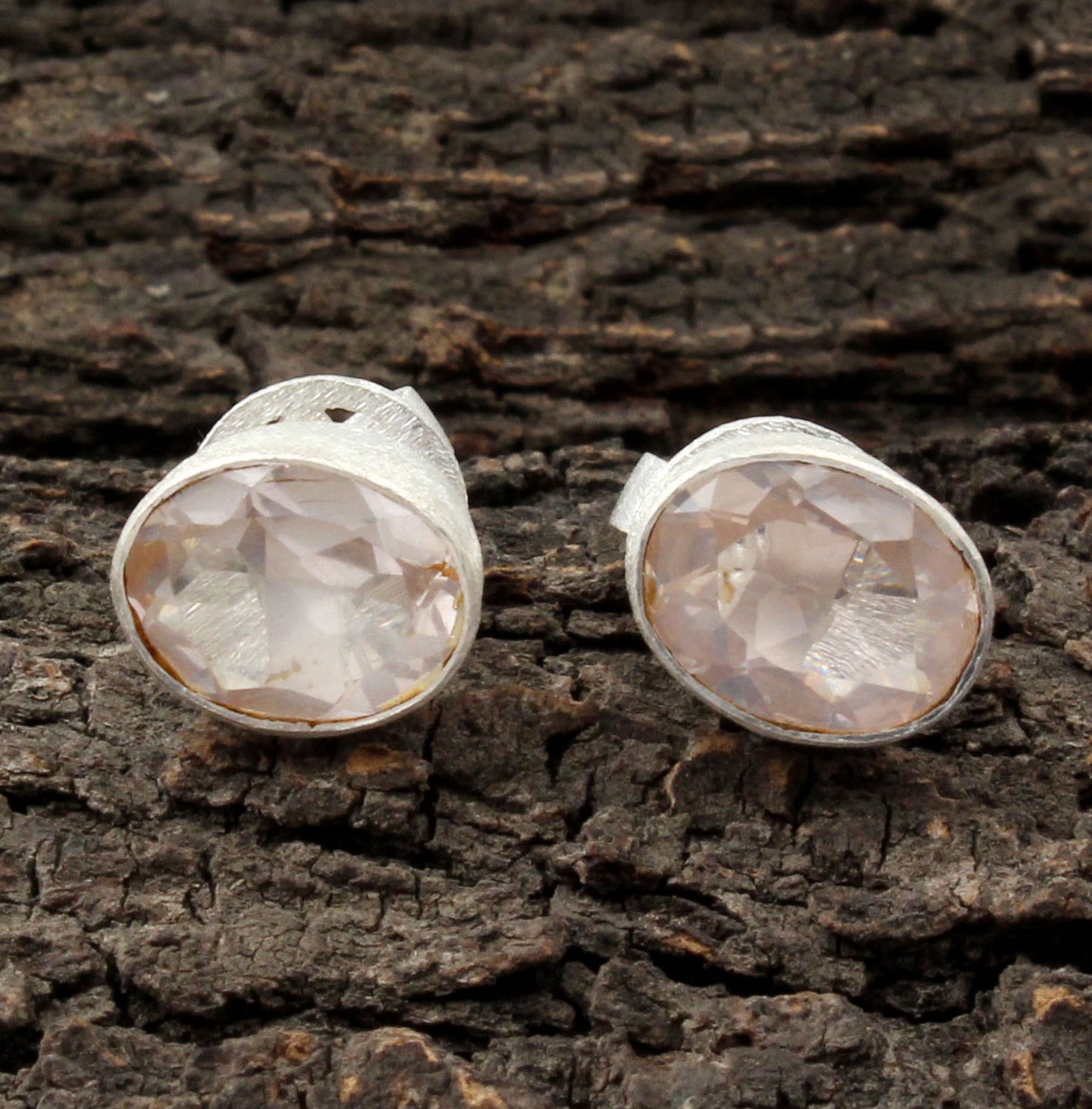 Rose Quartz Stud Handcrafted Matte Finish Bezel 925 Sterling Silver Earrings
