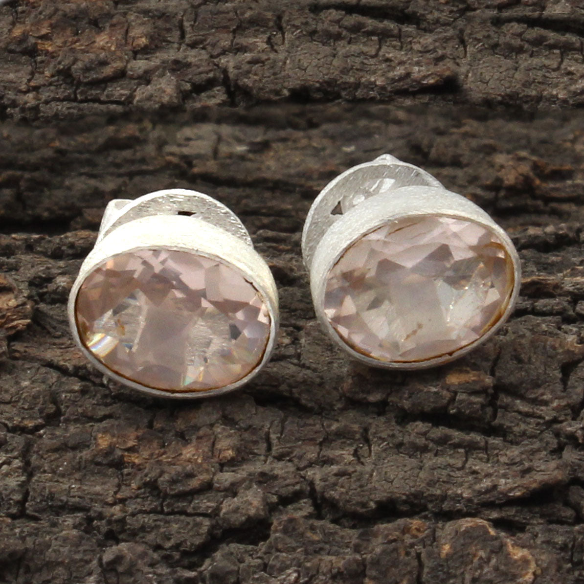 Rose Quartz Stud Handcrafted Matte Finish Bezel 925 Sterling Silver Earrings