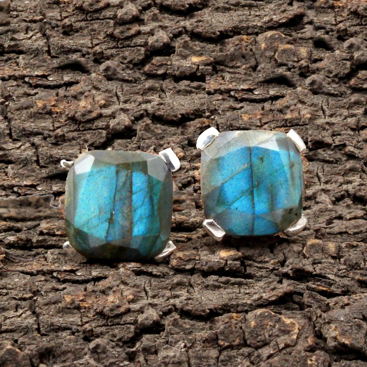Faceted Labradorite Stud Handmade Prong Set 925 Sterling Silver Earrings