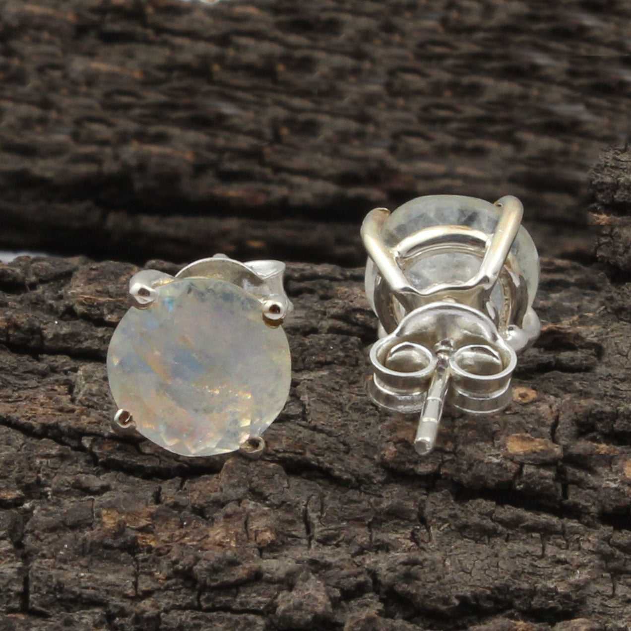 Rainbow Moonstone Stud Earrings Tiny 925 Sterling Silver Jewelry