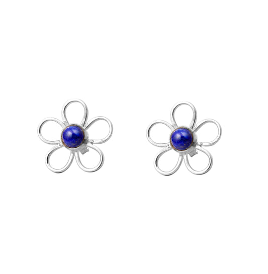 Lapis Lazuli Floral Design 925 Sterling Silver Stud Earrings