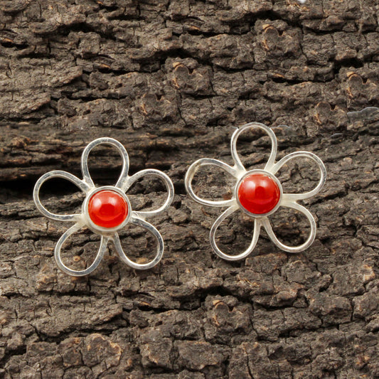 Carnelian Floral Design 925 Sterling Silver Stud Earrings