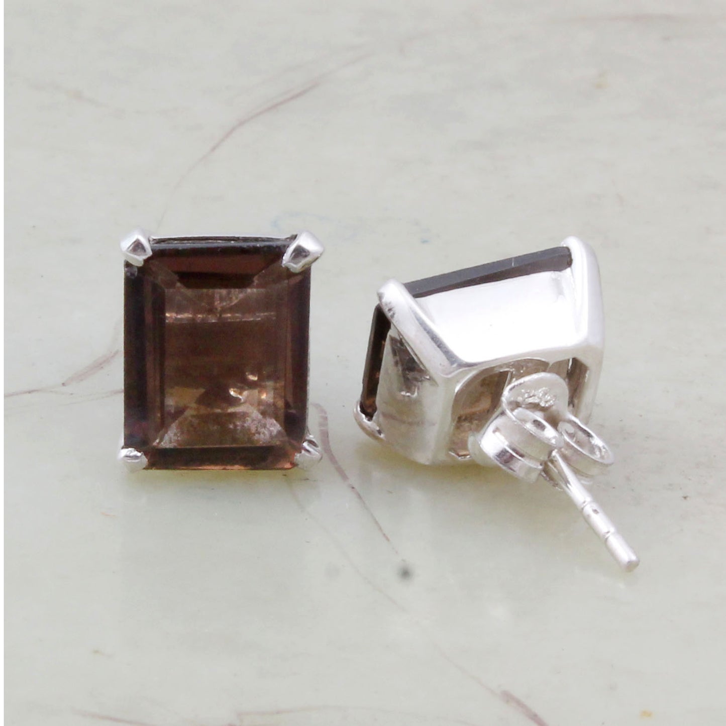 Smoky Quartz Stud Handmade Prong Setting 925 Sterling Silver Earrings