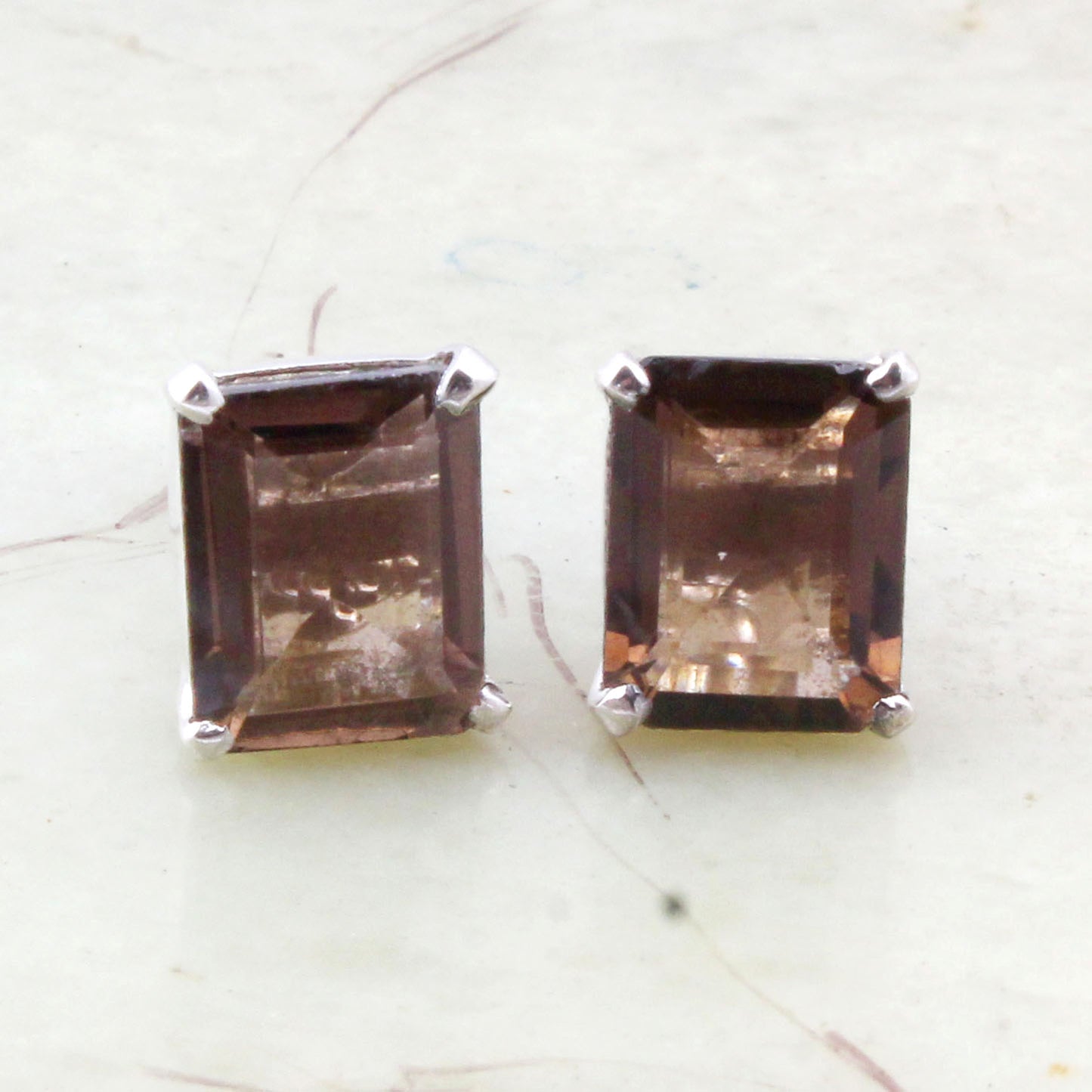 Smoky Quartz Stud Handmade Prong Setting 925 Sterling Silver Earrings