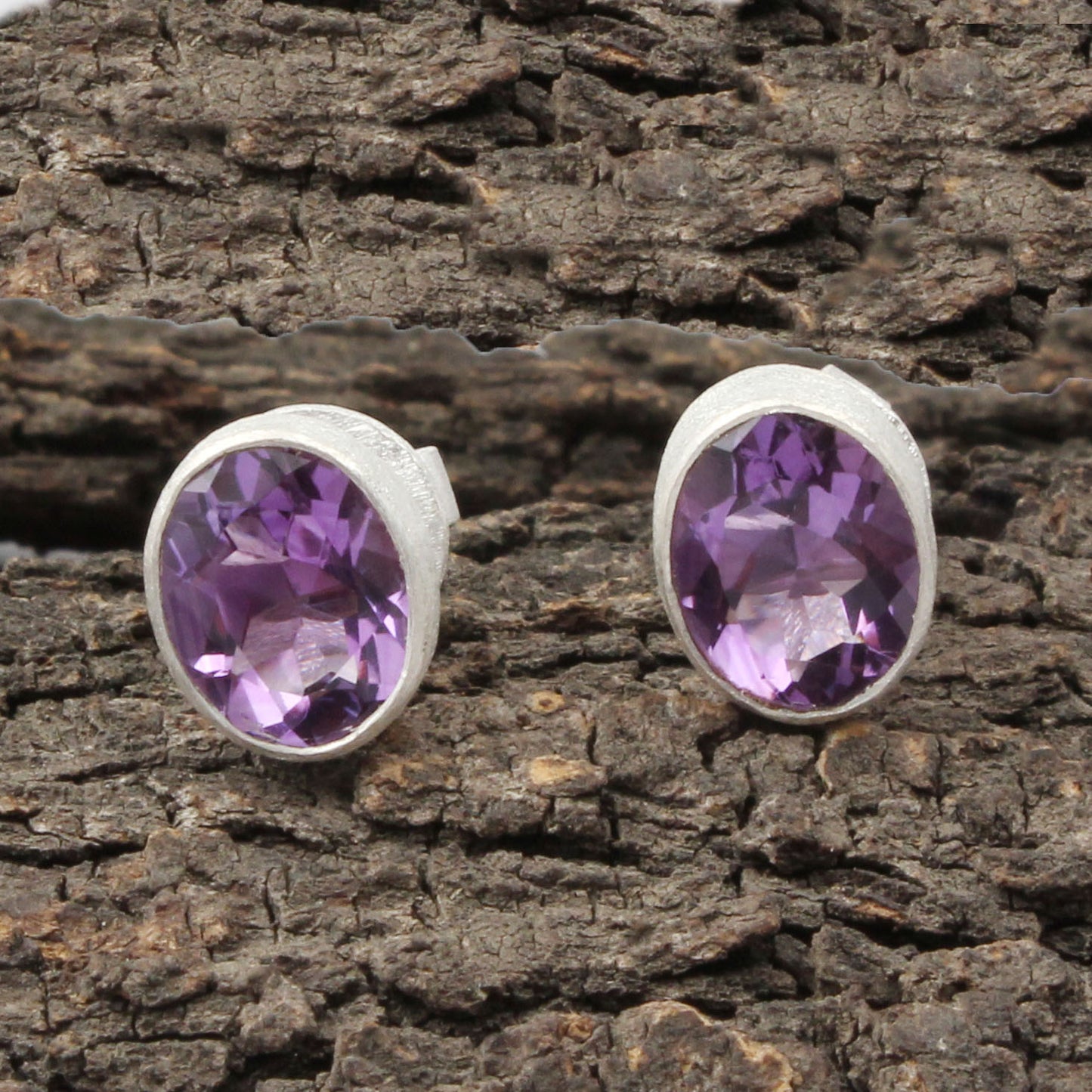 Natural Amethyst Stud in Matte Finish 925 Sterling Silver Jewelry