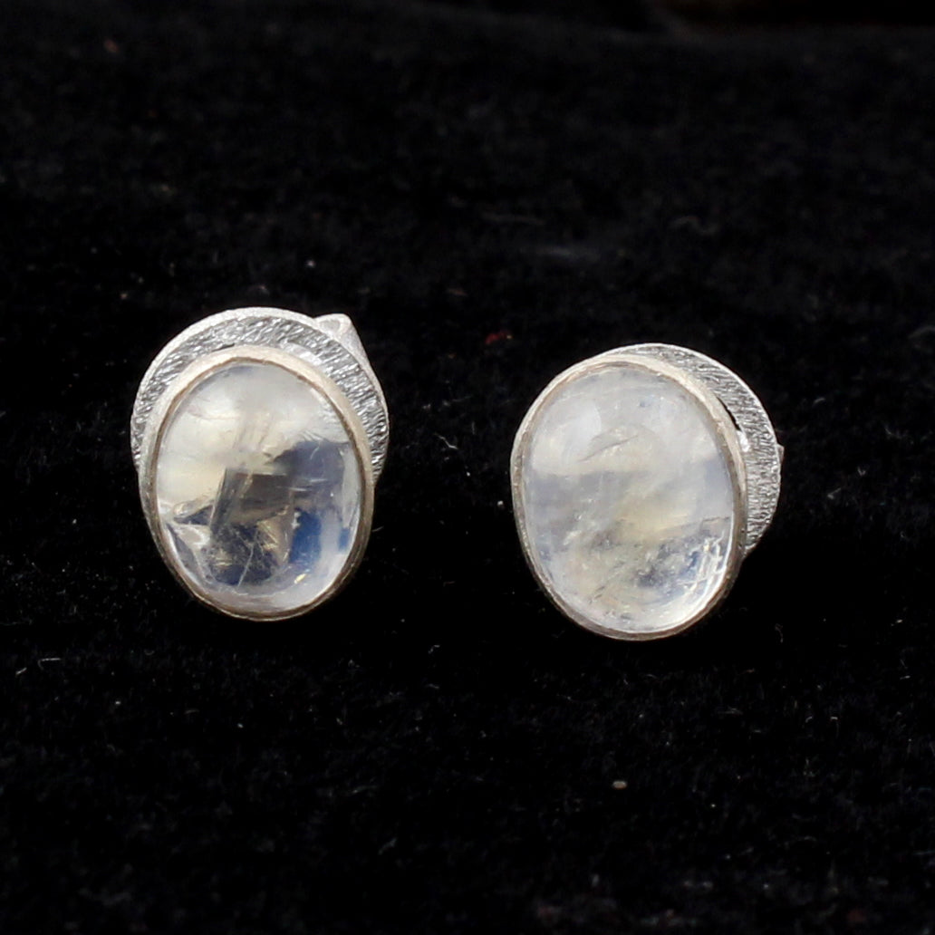 Rainbow Moonstone Matte Finish Stud Tiny Earrings Oval Shape 925 Sterling Silver Jewelry