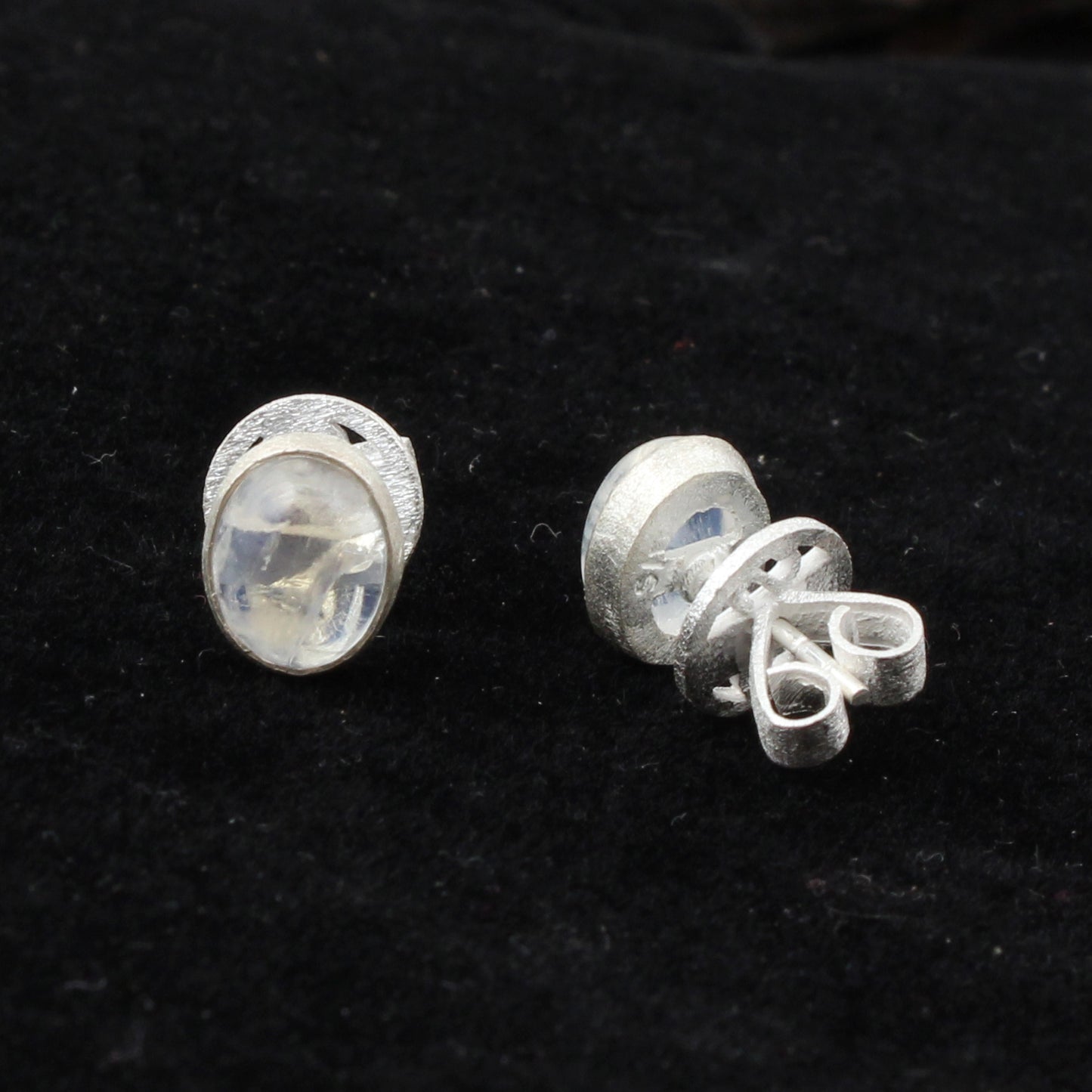 Rainbow Moonstone Matte Finish Stud Tiny Earrings Oval Shape 925 Sterling Silver Jewelry