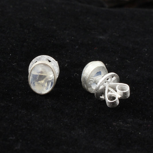 Rainbow Moonstone Matte Finish Stud Tiny Earrings Oval Shape 925 Sterling Silver Jewelry